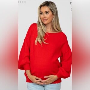 Red Boat Neck Bubble Sleeve Maternity Sweater